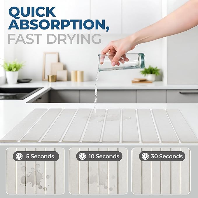 Premium Stone Dish Drying Mat – Large Foldable Kitchen Counter Mat, Super Absorbent Diatomaceous Earth with Coasters, Brush & Anti-Slip Pad – Fast Drying, White