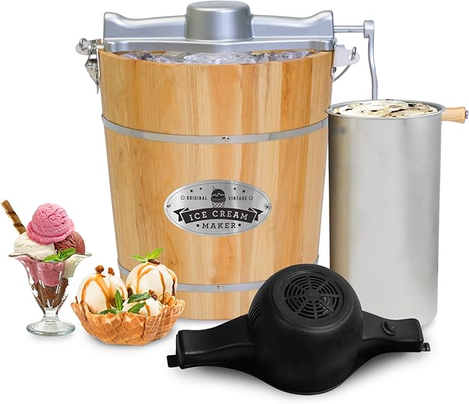 Elite Gourmet Old Fashioned 4 Quart Vintage Wood Bucket Electric Ice Cream Maker Machine Appalachian, *Bonus Classic Die-Cast Hand Crank for Churning, Uses Ice and Rock Salt Churns Ice Cream in Minute