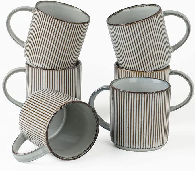 famiware Coffee Mug Set for 6, Star 12 oz Catering Mugs Cup Set with Handle for Coffee, Tea, Cocoa, Milk - Ceramic Stoneware Drinkware Set, Smoky Blue