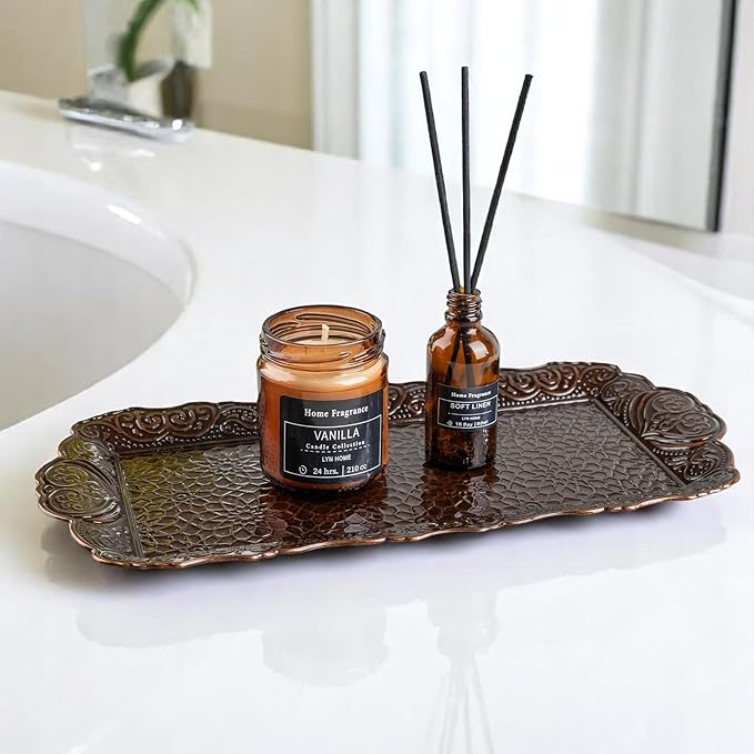 Alisveristime Small Ornate Metal Serving Tray – Ottoman Motif Decorative Tray (14.2" x 7.1", 10.8 oz) (Brown)