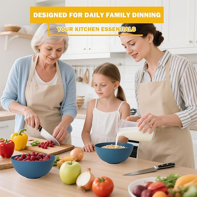 Cereal Bowls 40 OZ Set of 6, Unbreakable Lightweight Bowls Set, Microwave & Dishwasher Safe, Plastic Reusable Cereal Bowls for Soup, Salad, Noodle, Snack, Fruit, Blue