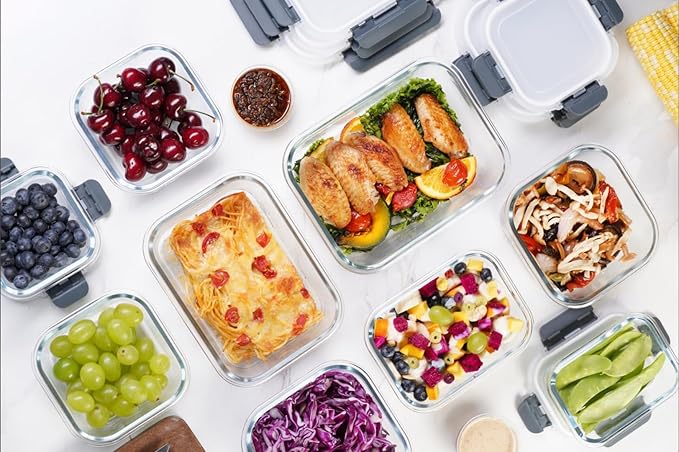 GC glass Food Storage Containers with Lids, Meal Prep Containers, Airtight Lunch Containers Bento Boxes with Snap Locking Lids for Microwave, Oven, Freezer and Dishwasher
