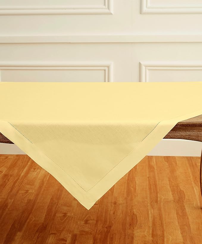 Solino Home Square Linen Tablecloth 52 x 52 Inch - 100% Pure Linen Yellow Table Throw - Classic Hemstitch, Machine Washable Table Cloth for Summer