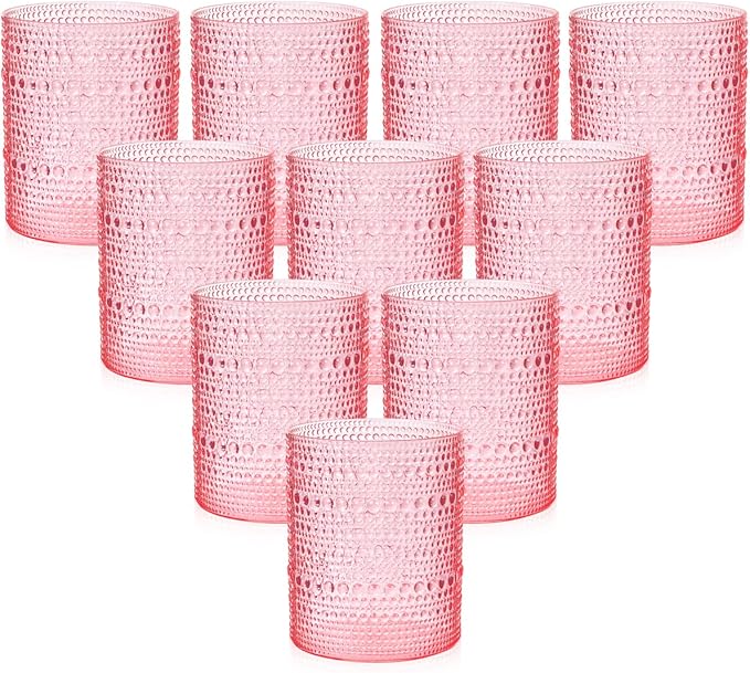 YOUBET 24PCS Plastic Drinking Glasses - 14OZ Pink Hobnail Drinkware Glasses - Vintage Glassware Textured Beaded Cups for Water, Beer, Whiskey, Juice and Various Mixed Drinks