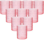 YOUBET 24PCS Plastic Drinking Glasses - 14OZ Pink Hobnail Drinkware Glasses - Vintage Glassware Textured Beaded Cups for Water, Beer, Whiskey, Juice and Various Mixed Drinks