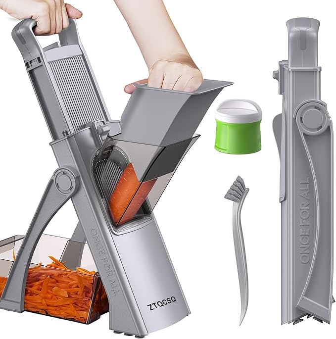 [All in 1] Upgraded Version Safe Mandoline Slicer for Kitchen, Adjustable Thickness. and Spiralizer, Veggie Slicer, Rapid Prep Mandoline, Detachable Blade, Cleaning Brush (High-grade Gray)