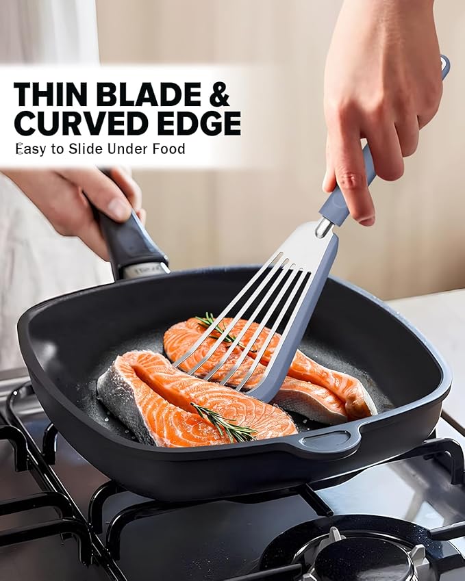 Silicone Fish Spatula Turner Set of 2, Thin Slotted Spatulas Turner for Nonstick Cookware,Heat Resistant Flexible Stainless Steel Kitchen Cooking Spatula Flipper for Fish, Egg, Pancake (BG)