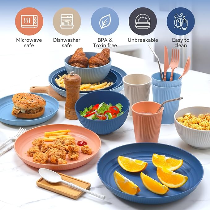Wheat Straw Dinnerware Sets,64-Piece Plates and Bowls Sets for 8-Unbreakable,Reusable Plastic Dish Set-Dinner Plate/Dessert Plate/Cereal Bowl/Cup/Utensils-Microwave Dishwasher Safe 64P-Oecan Resort