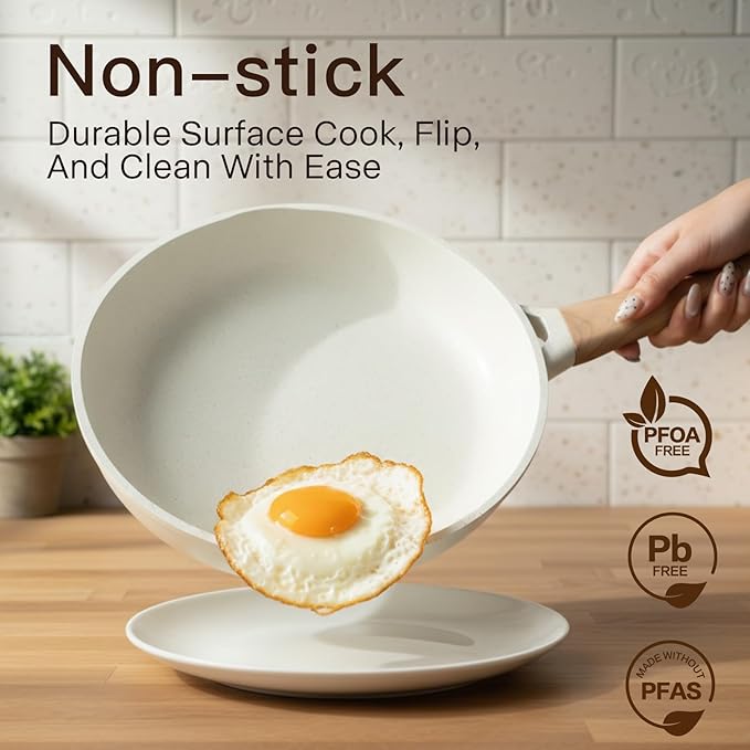 Pots and Pans Set Non Stick Non-Toxic 22 Pcs Ceramic Cookware Sets Nonstick Kitchen Pot&Pan With Lid Cream White Granite Induction Compatible with Glass Lids Crepe Frying Pan PFOA/PFOS-Free