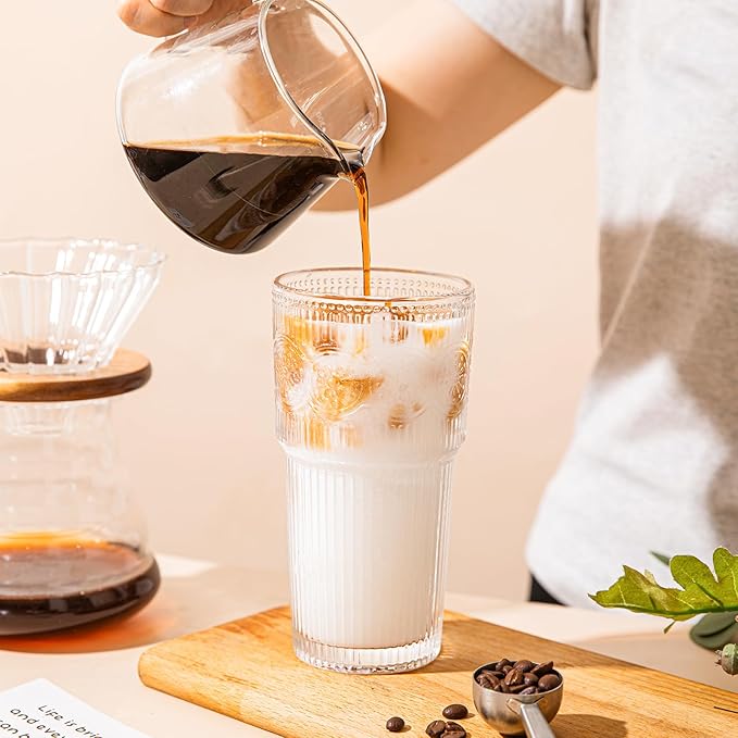 20oz Ribbed & Floral Glass Tumbler Set of 2 – Reusable Glass Cups with Lid and Glass Straw, To-Go Iced Coffee Cups for Water, Smoothie, Milk, Cocktail & More – Perfect for Daily Use & Travel