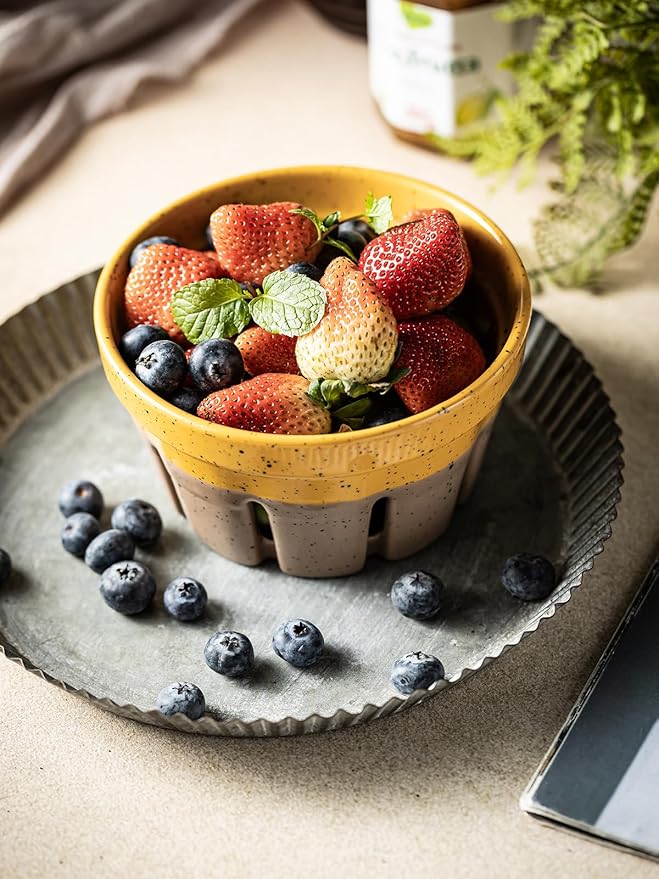 Gomakren Fruit Bowl with Holes, Ceramic Berry Basket Set of 2, 5.8 Inch Round Fruit Storage Containers, Strawberry Baskets, Farmhouse Kitchen Decor, Yellow + Brown