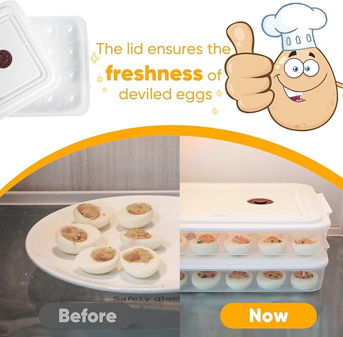 Newness Deviled Egg Containers with Lid, (Set of 2), Plastic Deviled Egg Carrier with Handle for 48 Eggs, Clear Storage Devil Egg Platter, Fridge Portable Egg Tray, Perfect for Picnic and Party