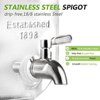 1 Gallon Drink Dispenser with Spigot 18/8 Stainless Steel – Airtight & Leakproof Glass Sun Tea Jar with Anti-Rust Lids, Beverage Dispenser for Parties (Single with Stand)