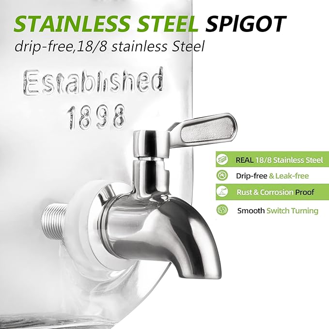 1 Gallon Drink Dispenser with Spigot 18/8 Stainless Steel – Airtight & Leakproof Glass Sun Tea Jar with Anti-Rust Lids, Beverage Dispenser for Parties