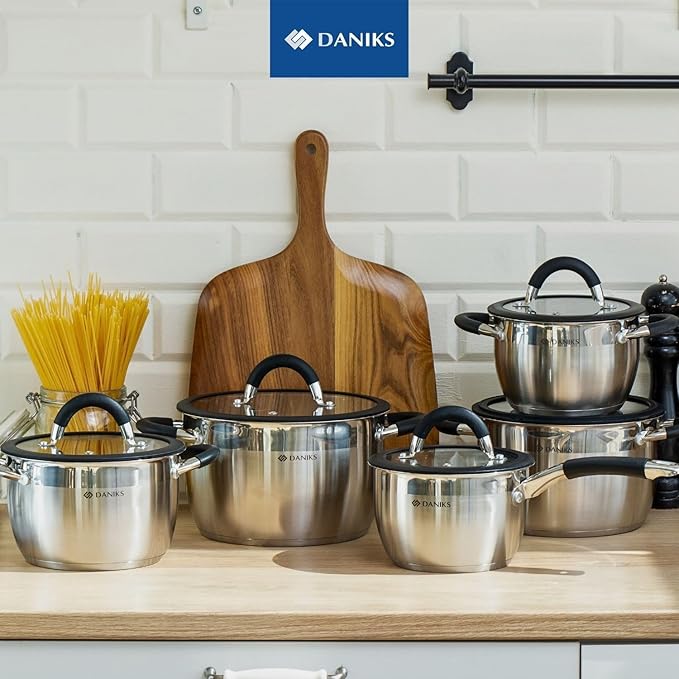 Daniks Orlando Frying Pan With Lid Included, 11-Piece Stainless Steel Induction Cookware Set, Dishwasher Safe, Glass Lids, Heatproof Handles, Measuring Scale, Silver