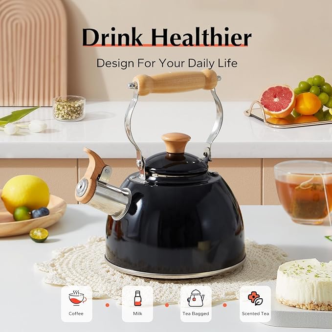 ROCKURWOK Tea Kettle, Tea Pot with Cool Touch Ergonomic Handle, Teapot Food Grade Stainless Steel, Tea Kettle Stovetop, Kettle Teapot, Whistling Tea Kettle, Small Tea Pot, 1.6 Quart (Black)
