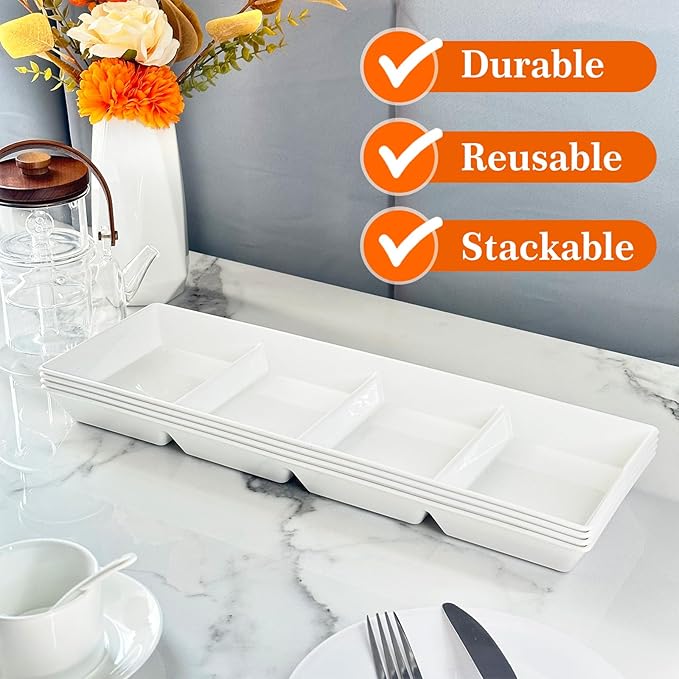 Divided Serving Tray Platter, 3 Pack 17.6" x 6" Fruit Veggie Food Tray for Party, Plastic Serving Trays for Appetizer, Snack, Dessert, Cookie, Brunch Decorations Platters, White Trays BPA-Free