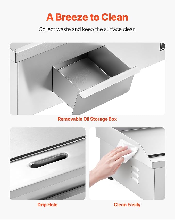 VEVOR Commercial Electric Griddle, 25.79 x 15.75 inch, 2800W, 122-570°F Adjustable Temp Control, Stainless Steel Body, Full Flat, with 2 Spatulas, 2 Brushes, and 4 Foot Pads, for Steak, Pancake