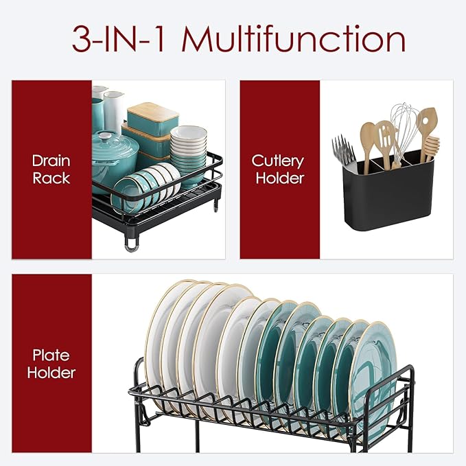 Dish Drying Rack - X-Large Stainless Steel Dish Rack for Kitchen Counter, 2-Tier Kitchen Organizers and Storage for Dishes, Bowls, Cutlery, Black