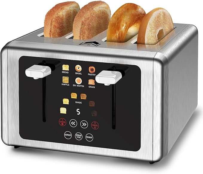 4 Slice Toaster, Touchscreen & Dual Independent Control Panel，5 Basic Functions & Digital Countdown Toasters, 6 Shade Settings＆6 Bread Types, Smart Bread Maker Mute/Screen-Off,White