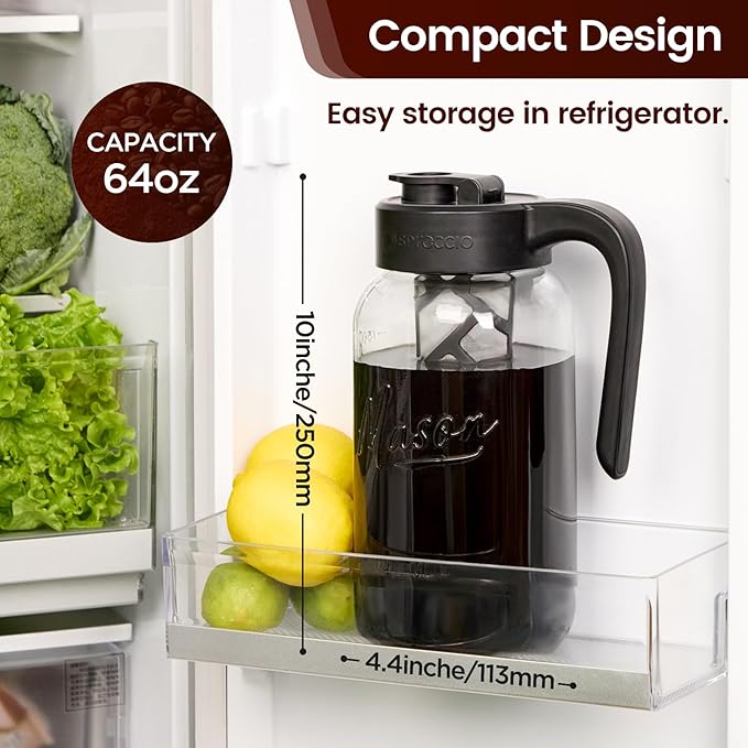 Cold Brew Coffee Maker Glass, Airtight & Leakproof Mason Jar Pitcher with Cold Brew Filter, 64 oz Glass Pitcher with Lid for Iced Coffee, Lemonade, Ice Tea