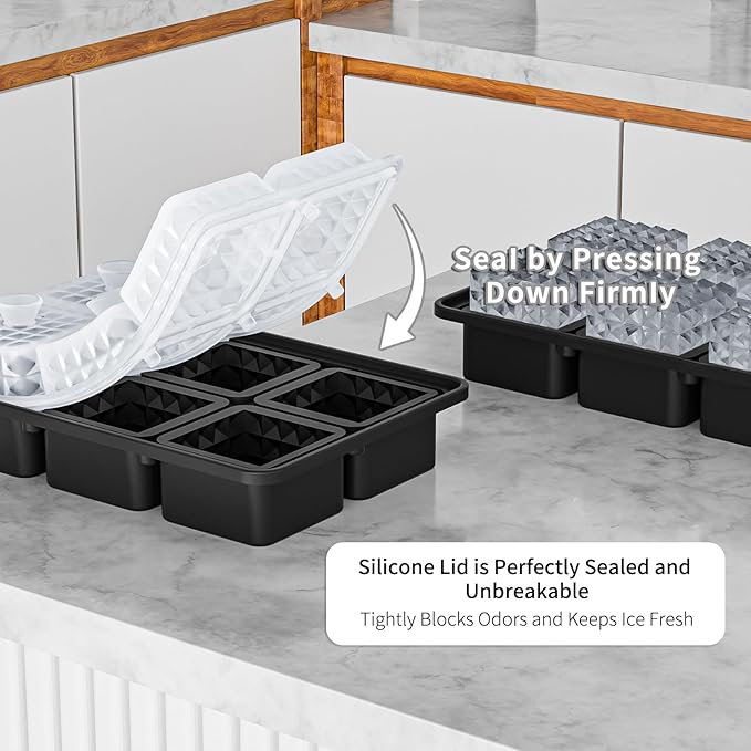 6 Chamber 1.97” 3D Crystal Square Ice Cube Tray With Funnel,Large Square Ice Molds Silicone Fun Shapes Whiskey Ice Cube Tray,For Chilling Whiskey,Cocktails,Bourbon,Brandy and Beverages