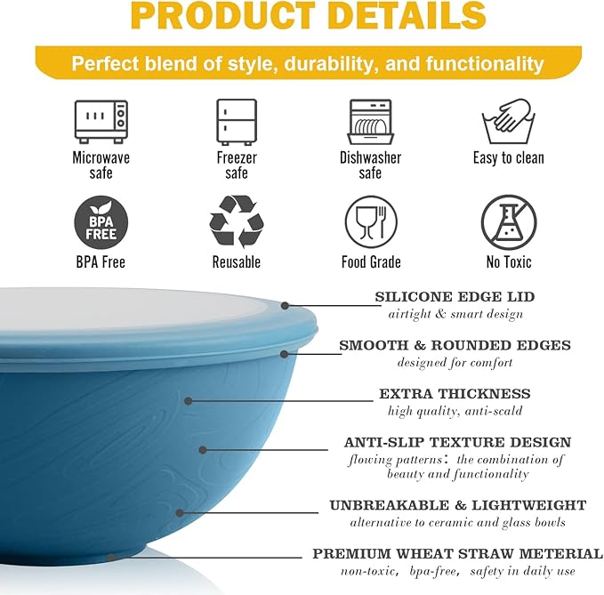 40 OZ Bowls Set of 4, Unbreakable Lightweight Bowls Set with Lid, Microwave & Dishwasher Safe Lunchable Containers, Plastic Reusable Cereal Bowl for Soup, Salad, Noodle, Snack, Fruit, Blue