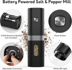 Syaws Electric Pepper and Salt Grinder 1 Pack,Battery Powered Pepper Grinders,Automatic Pepper Mill with LED Light,Adjustable Coarseness One-Hand Operation