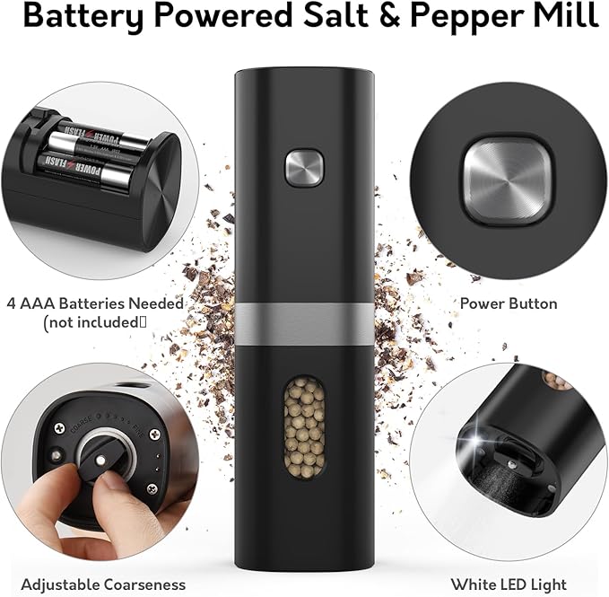 Syaws Electric Pepper and Salt Grinder 1 Pack,Battery Powered Pepper Grinders,Automatic Pepper Mill with LED Light,Adjustable Coarseness One-Hand Operation