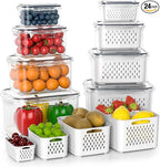 Fruit Storage Containers for Fridge with Removable Colander, 8 Pack Fruit Containers for Fridge with 2 Function Divider Plate, Airtight Storage Container to Keep Berry Fruit Fresh, Dishwasher Safe