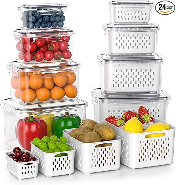 Fruit Storage Containers for Fridge with Removable Colander, 8 Pack Fruit Containers for Fridge with 2 Function Divider Plate, Airtight Storage Container to Keep Berry Fruit Fresh, Dishwasher Safe
