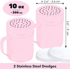 CUSINIUM 10oz Pink Stainless Steel Salt Pepper Dredge Shakers - With Plastic Cap - With Handle - Pack of 2