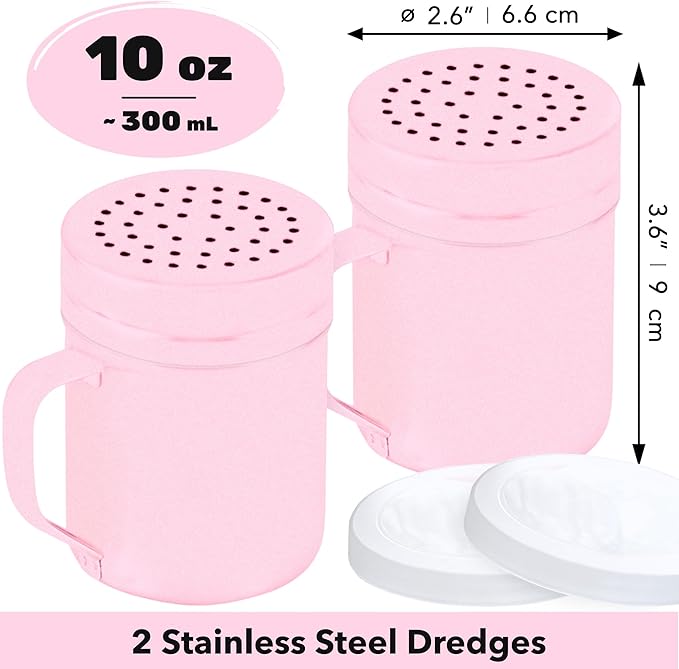 CUSINIUM 10oz Pink Stainless Steel Salt Pepper Dredge Shakers - With Plastic Cap - With Handle - Pack of 2