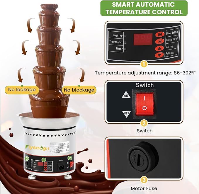 Commercial Chocolate Fountain 6-Tier 13Lbs Large Chocolate Fondue Tower Stainless Steel Hot Chocolate Waterfall Machine Easy Assembly for Nacho Cheese BBQ Sauce Ranch Liqueurs Digital-control