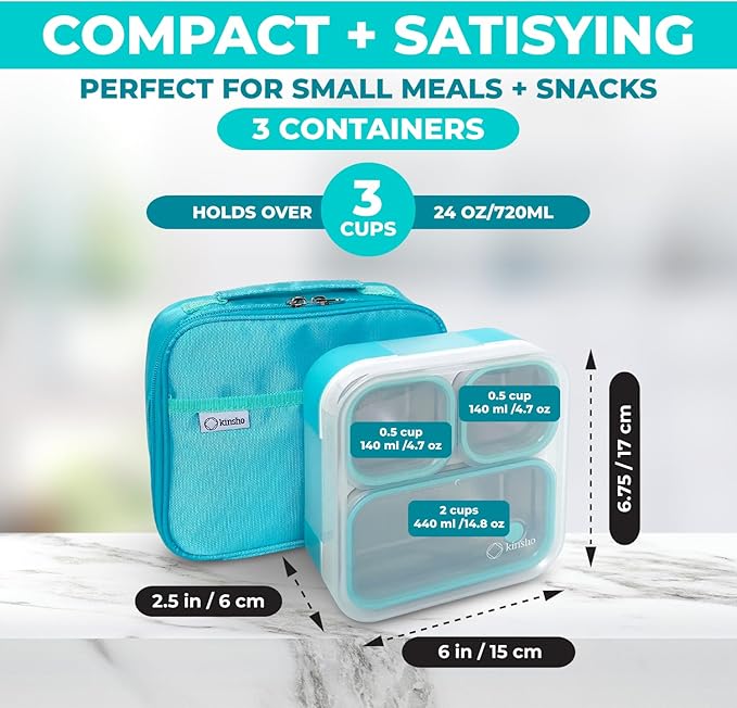 kinsho Stainless Steel Bento Lunch Box Set for Kids Babies - Insulated Bag - Leak-Proof Metal Compartment Meal Prep Food & Snack Containers for Work Travel School Toddler Daycare 24 oz Baby Teal Blue