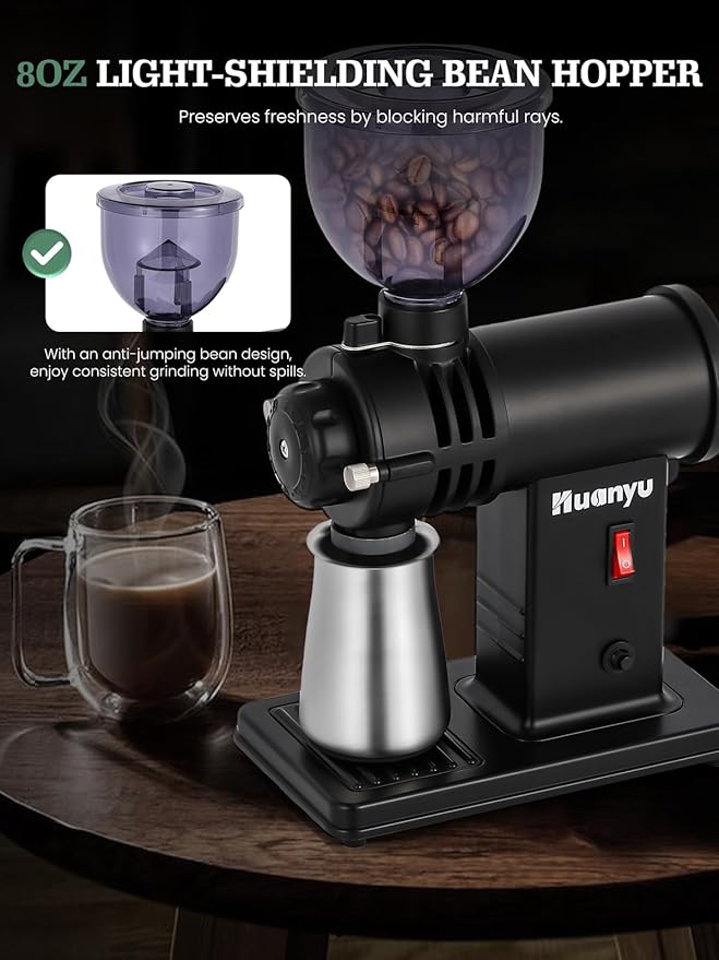 Huanyu Electric Coffee Grinder Stainless Steel Ghost Teeth Burr Coffee Grinders for Home Use with Light-Shielding Hopper for Pour over Black