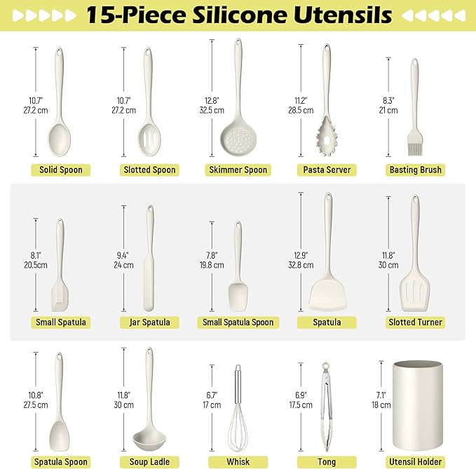 Homikit Kitchen Utensils Set, 15pcs Silicone Cooking Utensil Heat Resistant Spatula Set with Holder for Nonstick Cookware, Useful Kitchen Gadgets & Pots and Pans Accessories, White