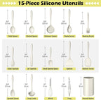 Homikit Kitchen Utensils Set, 15pcs Silicone Cooking Utensil Heat Resistant Spatula Set with Holder for Nonstick Cookware, Useful Kitchen Gadgets & Pots and Pans Accessories, White