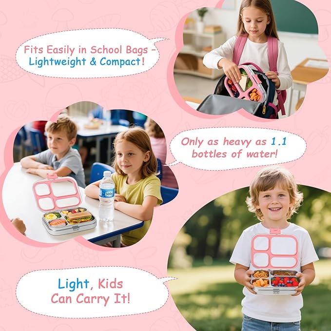 MISS BIG 4 Compartment Stainless Steel Lunch Box for Kids Leakproof Bento Box with Metal Sauce Container, 50 Mixed Food Stickers, BPA-Free, Dishwasher Safe Ideal for School & Toddlers （Pink）