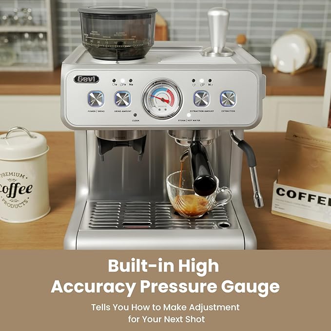 Gevi Dual Boiler Espresso Machine with Built-in Grinder, 58mm Professional Portafilter, Barista Steam Wand, 31 Grind Settings, Commercial Grade Stainless Steel Housing for Home Café, Sterling Silver