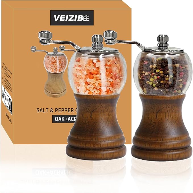 Pepper Grinders with Handle Crank Acrylic Manual Salt and Pepper Mills Vintage Black Wood Spice Grinders, Ceramic Core, Stainless Steel Handle, Adjustable Coarseness (Walnut color 2pcs-5in)