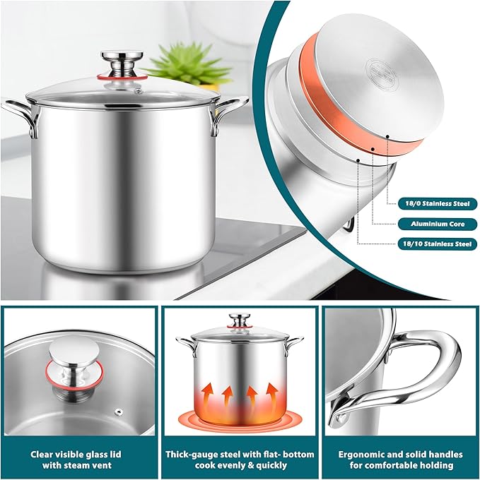 E-far 10 Quart Stock Pot, Large Tri-Ply Stainless Steel Soup Pot with Glass Lid and Riveted Handles, Tall Induction Cooking Pot for Canning/Simmering/Stewing, Heavy Duty & Dishwasher Safe