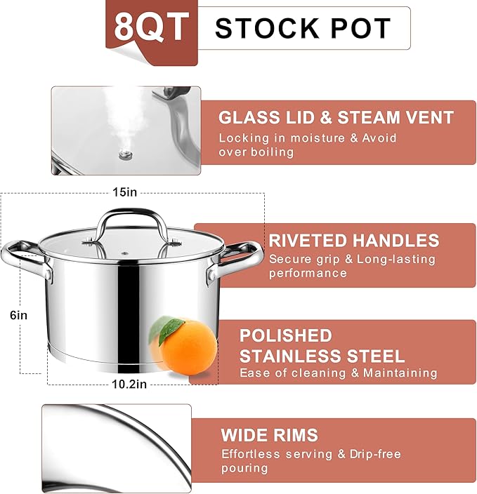 E-far Stainless Steel Stock Pot, 8 Quart Tri-ply Base Cooking Pot with Glass Lid, Induction Soup Pot Compatible with All Stoves, Nontoxic & Thick Bottom, Oven & Dishwasher Safe