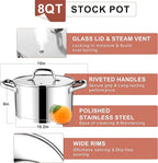 E-far Stainless Steel Stock Pot, 8 Quart Tri-ply Base Cooking Pot with Glass Lid, Induction Soup Pot Compatible with All Stoves, Nontoxic & Thick Bottom, Oven & Dishwasher Safe