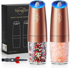 Sangcon Gravity Electric Pepper and Salt Grinder Set Automatic Shakers Mill Grinder with LED Light, Battery Powered Adjustable Coarseness One Hand Operation, Upgraded Larger Capacity