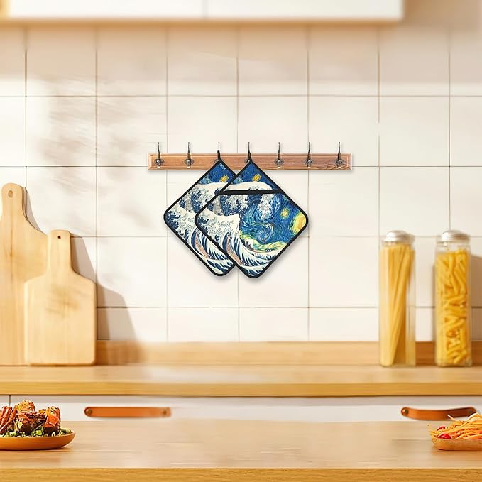 2 Pack Starry Night Great Waves Pot Holders for Kitchen Heat Resistant, Potholders for Kitchens Washable for Cooking & Baking & Microwave
