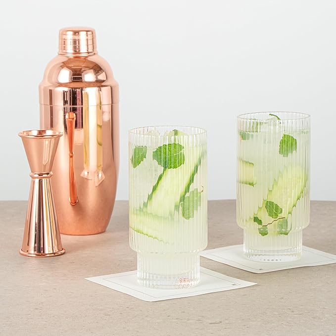 Restaurantware-Vetri 10 Ounce Highball Glasses, 6 Ribbed Drinking Glasses - No-Lead, Dishwashable, Clear Glass Tumblers For Scotch, For Drinking Liquor, Cocktail, Bourbon, Cognac, And More