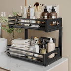 Under Sink Organizer, 2 Tier Under Sink Organizers and Storage, Adjustable Height, Slide Out Metal Cabinet Organizers, Pull Out Cabinet Storage Drawer Shelf for Kitchen Bathroom Black, 2 Pack