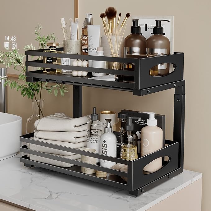 Under Sink Organizer, 2 Tier Under Sink Organizers and Storage, Adjustable Height, Slide Out Metal Cabinet Organizers, Pull Out Cabinet Storage Drawer Shelf for Kitchen Bathroom Black, 2 Pack