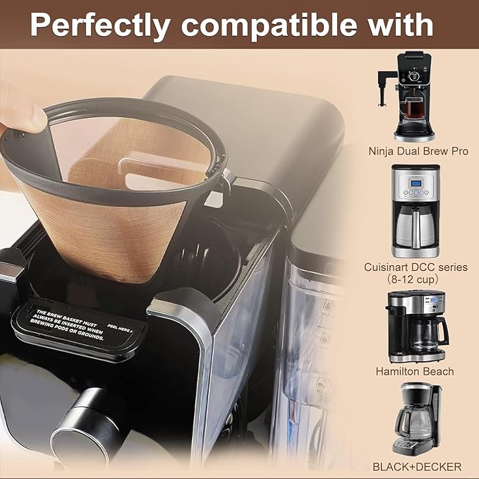 KEEPOW Reusable Cone Coffee Filters #4 (1-pack), 8-12 Cup Gold Permanent Coffee Filter for Cuisinart/Ninja Dual Brew Pro CFP301/ Hamilton Beach, Size 04 Pour Over Coffee-maker (gold*1)